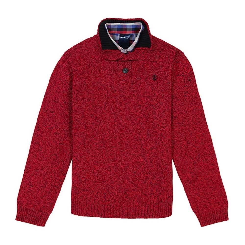 IZOD Youth Boys Pullover Red and Navy Blue Sweater with Button Collar